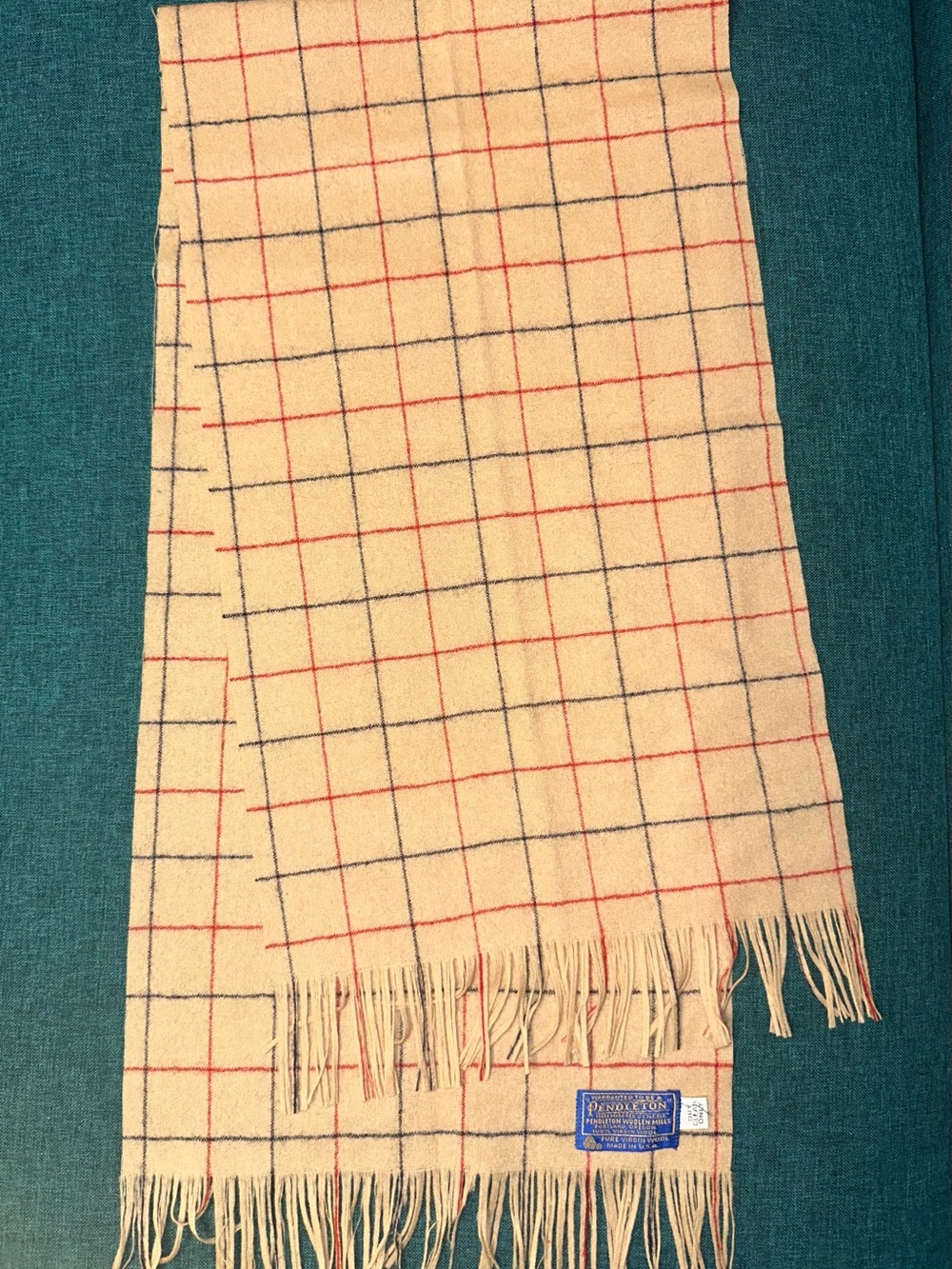 Vintage Pendleton Pure Virgin Wool Plaid Fringe Scarf Camel Red Navy USA Made